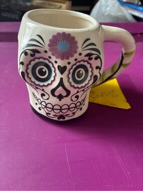 Ceramic Sugar Skull Coffee Mug - White with Pink & Blue Accents